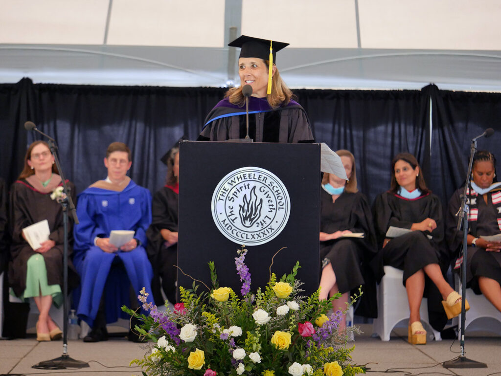 Alisia St. Florian ’86, President of the Board of Trustees, reciting her commencement speech. 